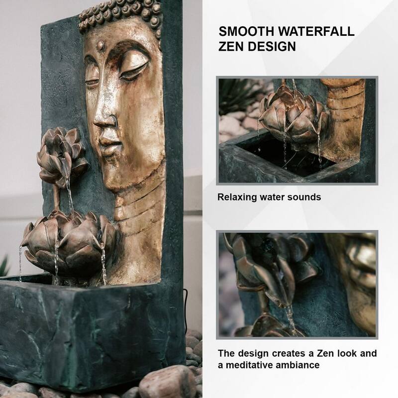 30 in. Tal, Bronze and Natural Grey Cascading Lotus Buddha Face Indoor Outdoor Zen Water Fountain with LED Light