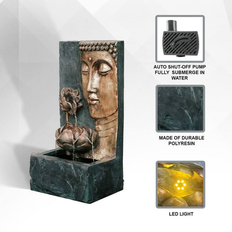 30 in. Tal, Bronze and Natural Grey Cascading Lotus Buddha Face Indoor Outdoor Zen Water Fountain with LED Light