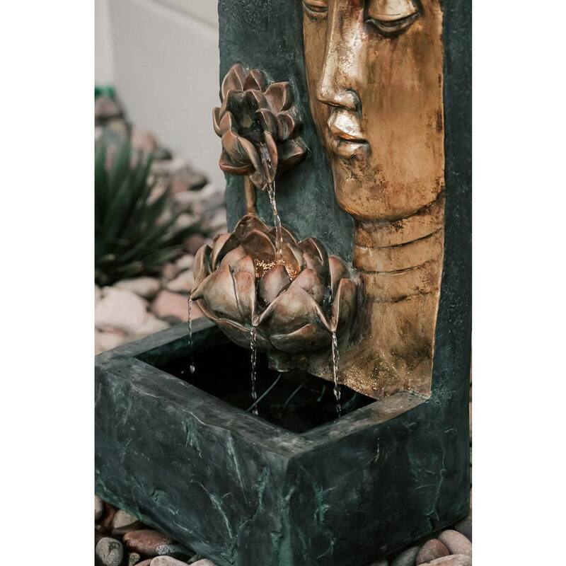 30 in. Tal, Bronze and Natural Grey Cascading Lotus Buddha Face Indoor Outdoor Zen Water Fountain with LED Light