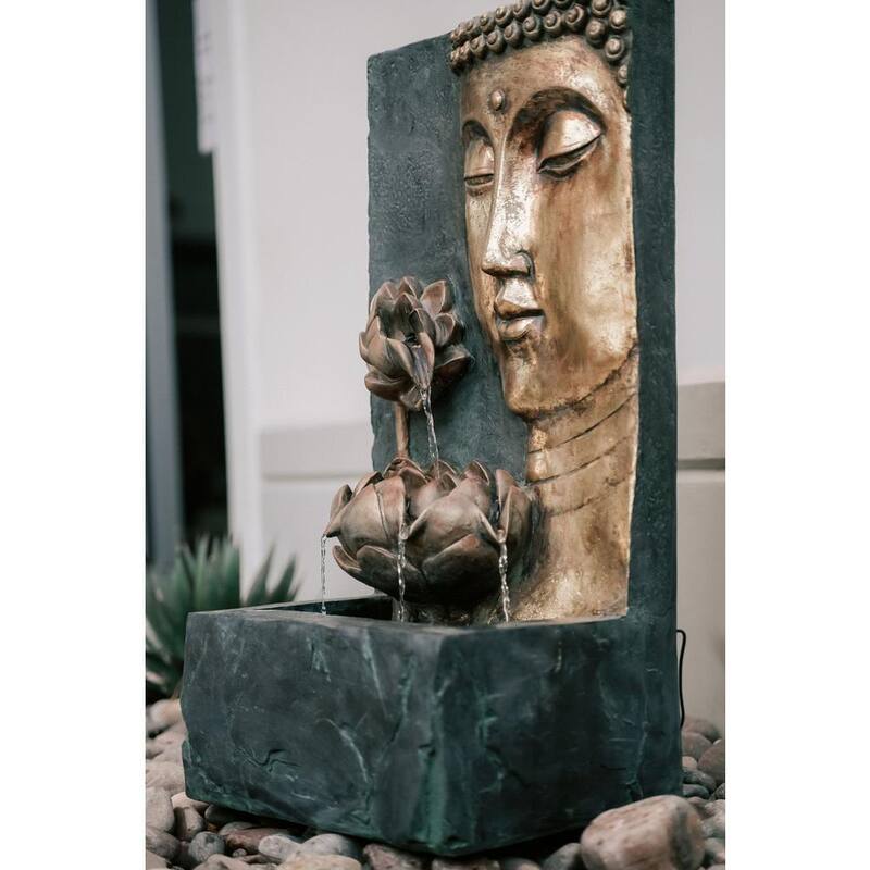 30 in. Tal, Bronze and Natural Grey Cascading Lotus Buddha Face Indoor Outdoor Zen Water Fountain with LED Light