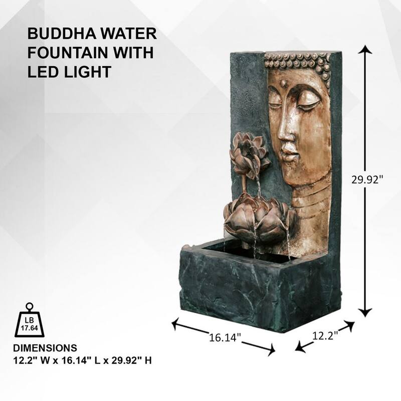 30 in. Tal, Bronze and Natural Grey Cascading Lotus Buddha Face Indoor Outdoor Zen Water Fountain with LED Light