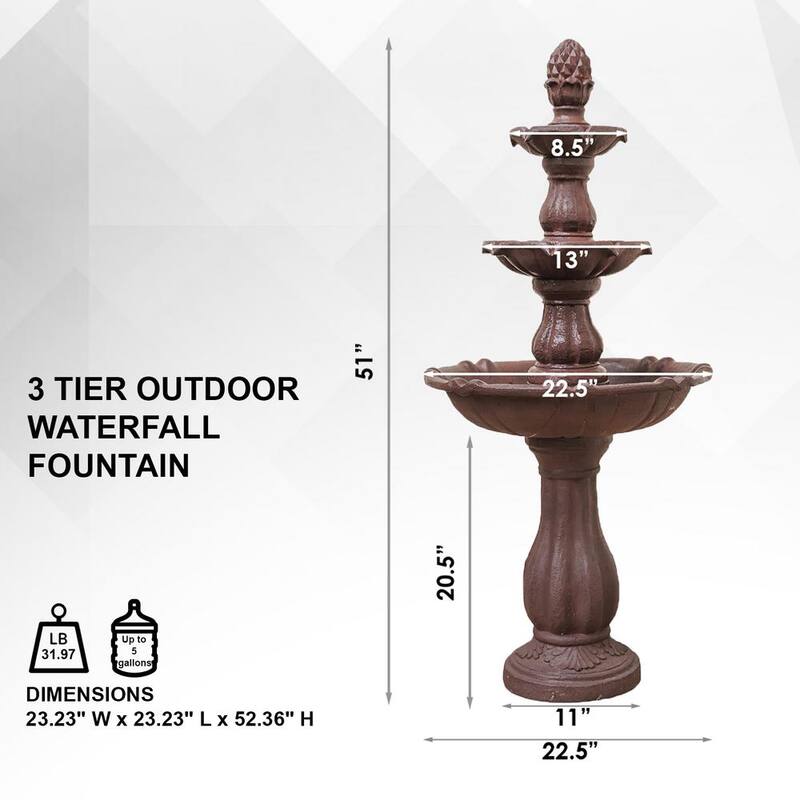 52 in. Tall 3-Tier Freestanding Waterfall Fountain, Outdoor Garden, Yard, Lawn, Porch Decor, Brown