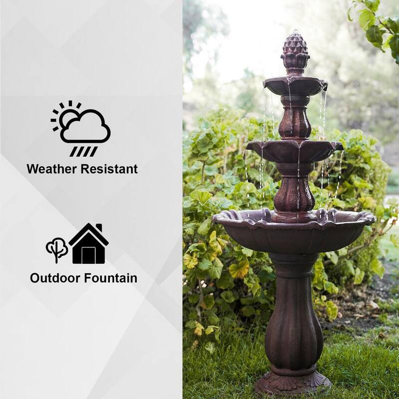 3-Tier Water Fountain with Pump and Pineapple Top, 51 in. Tall, Brown, Large Outdoor Freestanding Waterfall Decor