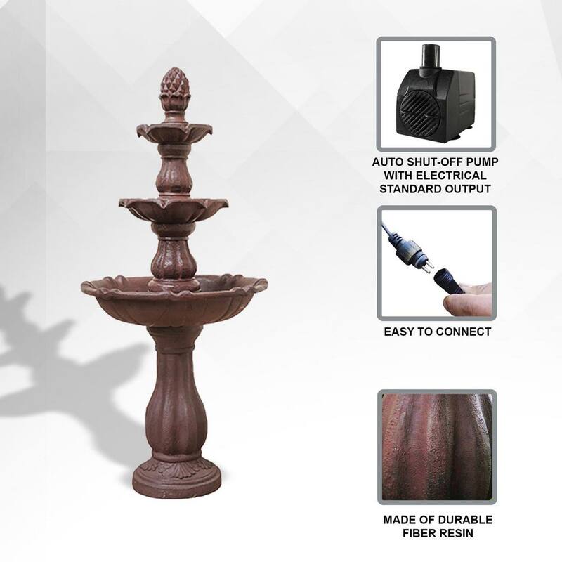 3-Tier Water Fountain with Pump and Pineapple Top, 51 in. Tall, Brown, Large Outdoor Freestanding Waterfall Decor