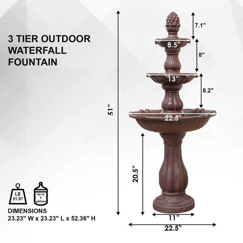 3-Tier Water Fountain with Pump and Pineapple Top, 51 in. Tall, Brown, Large Outdoor Freestanding Waterfall Decor