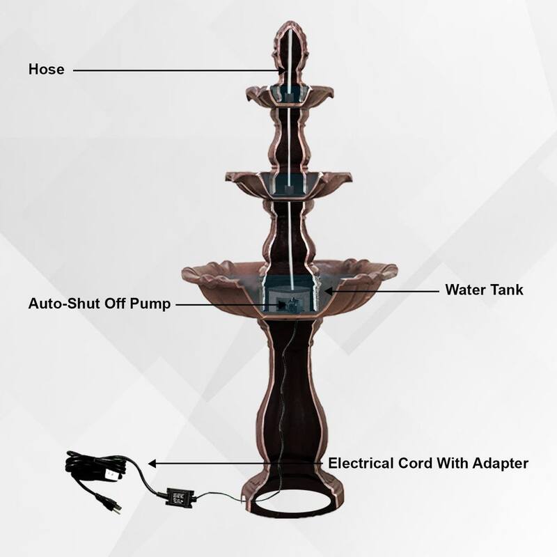 3-Tier Water Fountain with Pump and Pineapple Top, 51 in. Tall, Brown, Large Outdoor Freestanding Waterfall Decor